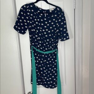 Boutique Navy Elephant Print Mini Dress with Green Belt
